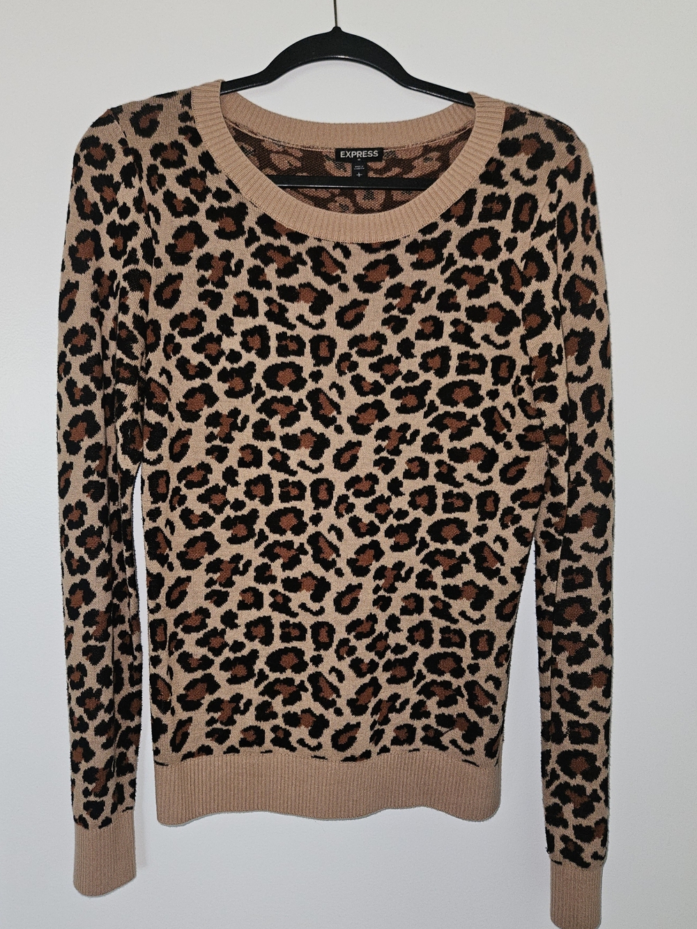 Express Leopard Print Crewneck Sweater in Tan and Black
